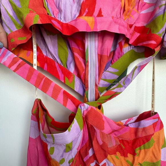 NWT Farm Rio Colorful Leaves Midi Dress Summer Multicolor Cutout Size Small - Picture 10 of 16